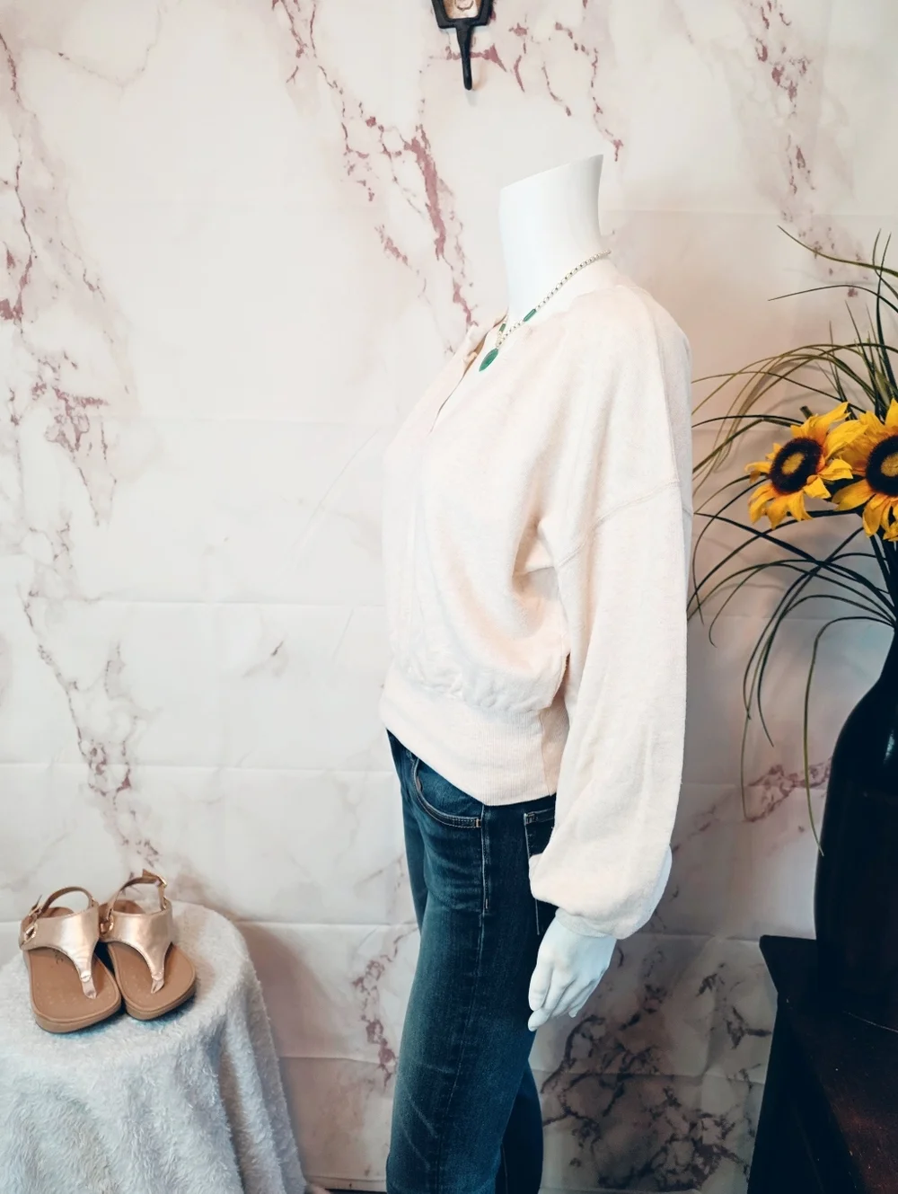 FP Beach Free People Pullover Crop Sweatshirt Cream Boho Beachy Top Small